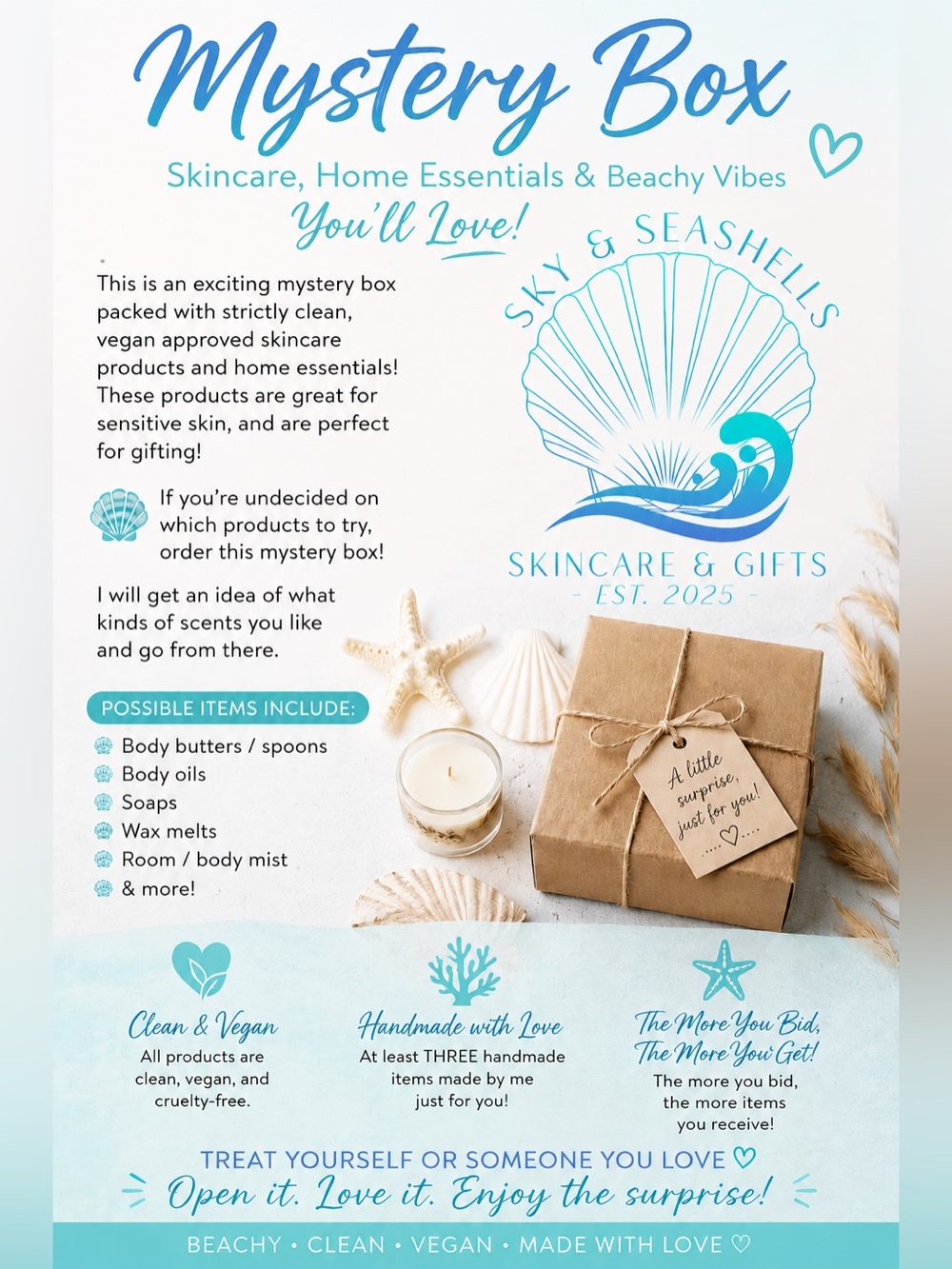 Hand Crafted Clean & Vegan Skincare MYSTERY BOX by Sky & Seashells (3+ items)